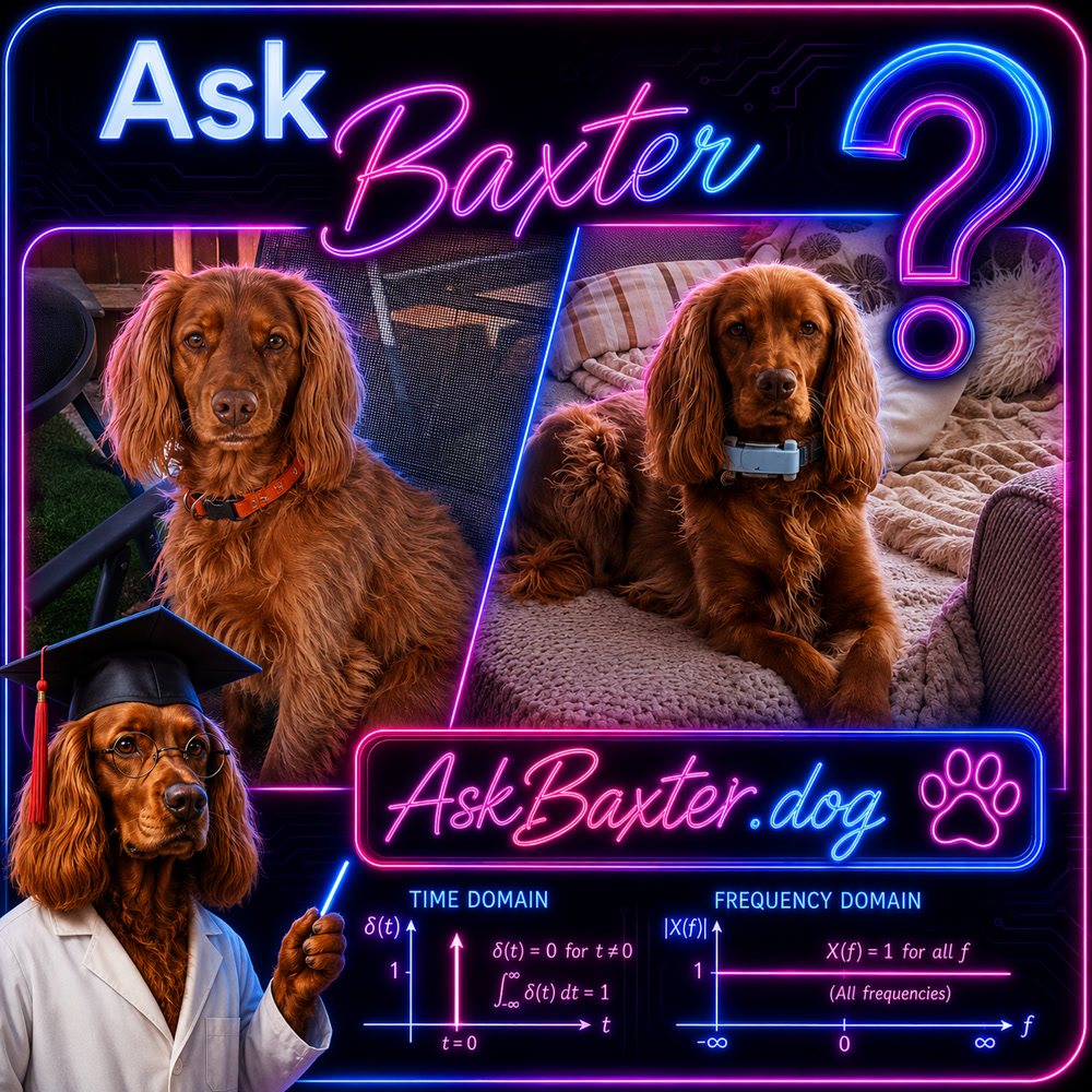 Photos of the real Baxter, an English working Cocker Spaniel, alongside his Ask Baxter character