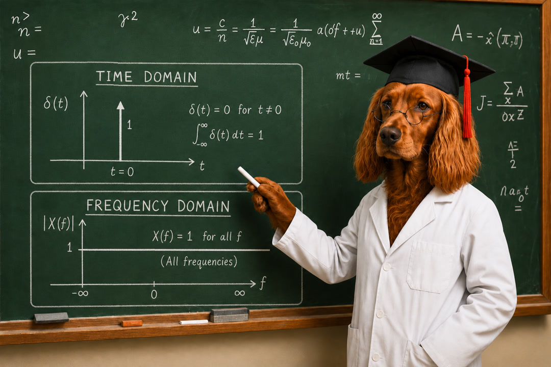 Baxter pointing to time-domain and frequency-domain diagrams of the delta function