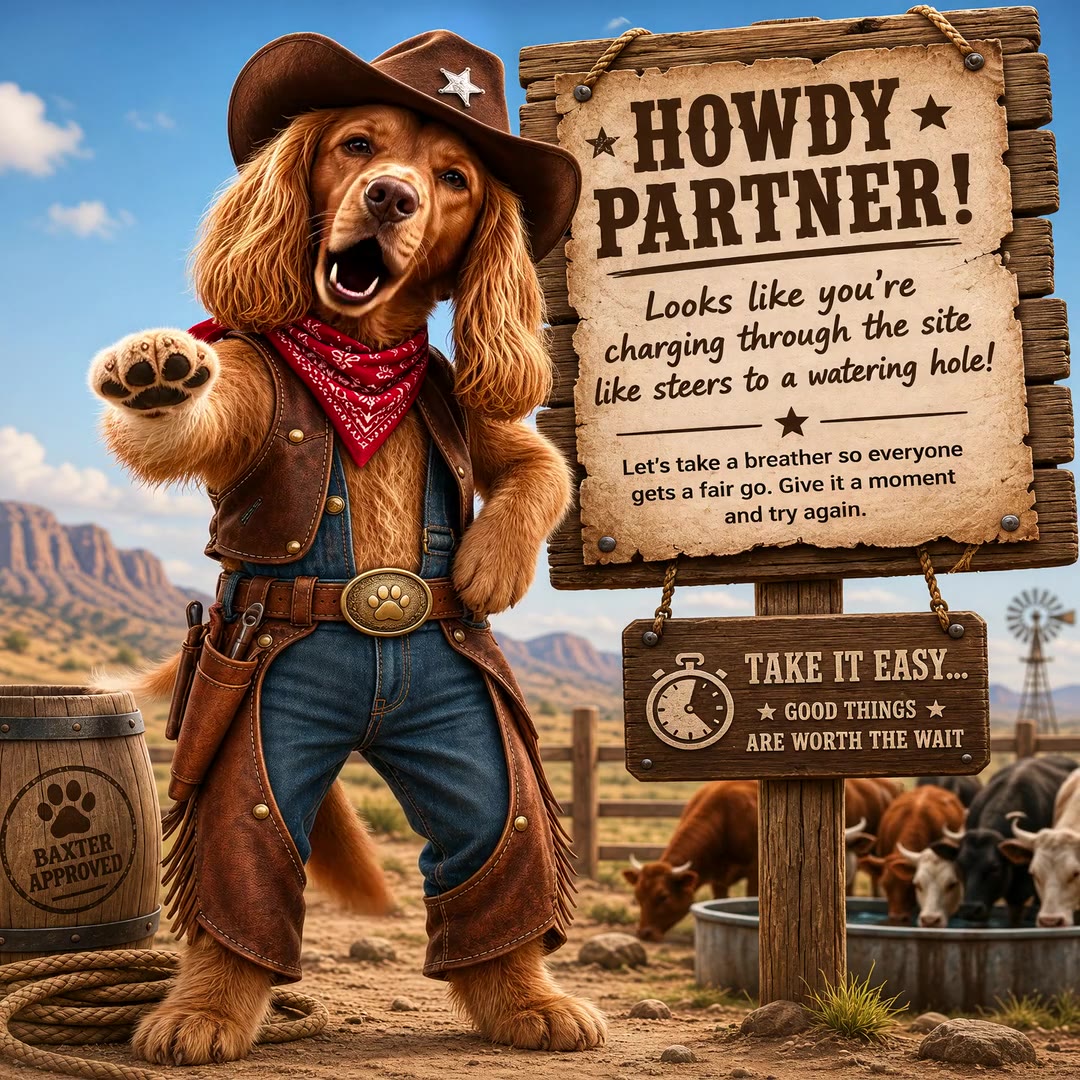 Baxter dressed as a Wild West sheriff asking visitors to slow down