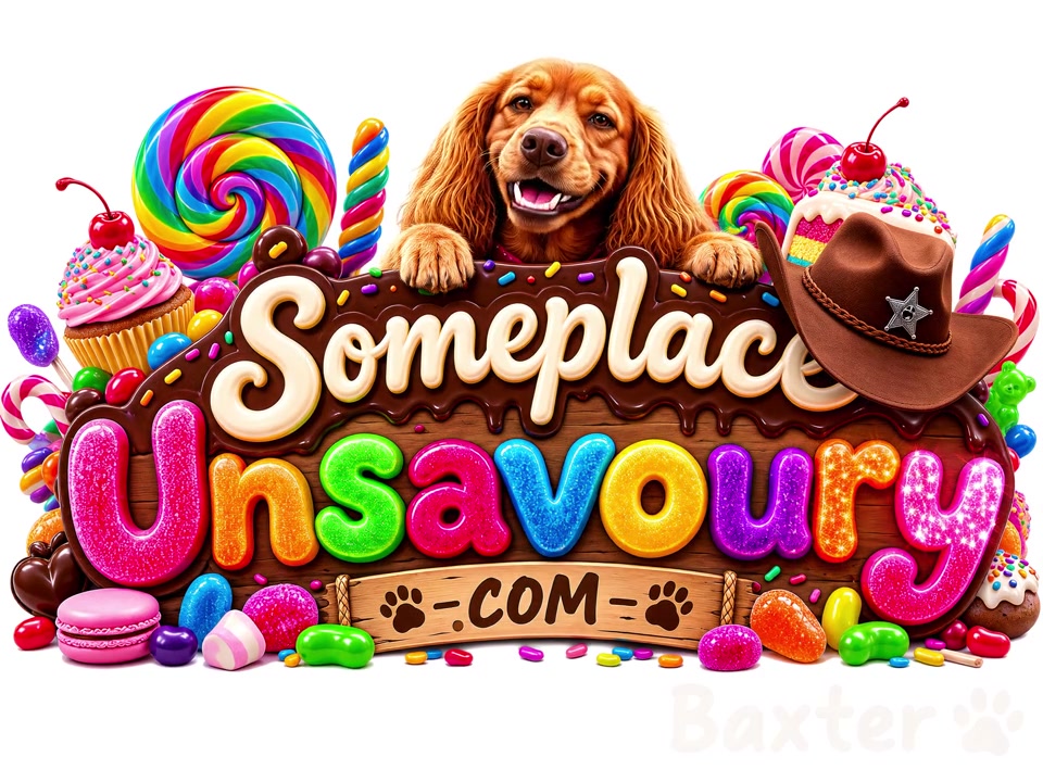 Baxter peeking over a colourful Someplace Unsavoury sign surrounded by sweets